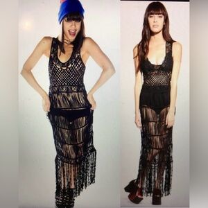 UNIF Birkin Crochet Maxi Dress Black Fringe S Coachella Goth Grunge Macrame Boho